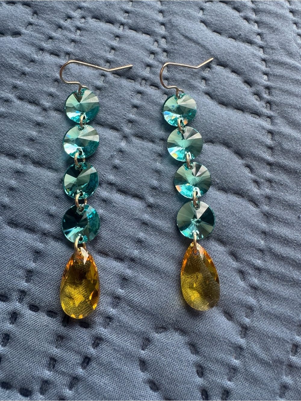 Crystal Drop Dangle Earrings - Blue and Yellow -